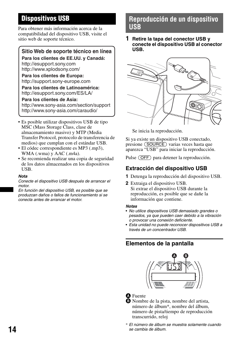 Dispositivos usb, Reproducción de un dispositivo usb, Elementos de la pantalla | Sony CDX-H910UI User Manual | Page 64 / 132