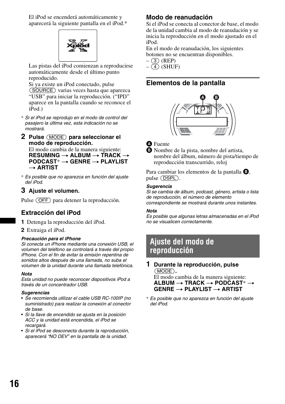 Elementos de la pantalla, Ajuste del modo de reproducción | Sony CDX-H910UI User Manual | Page 66 / 132