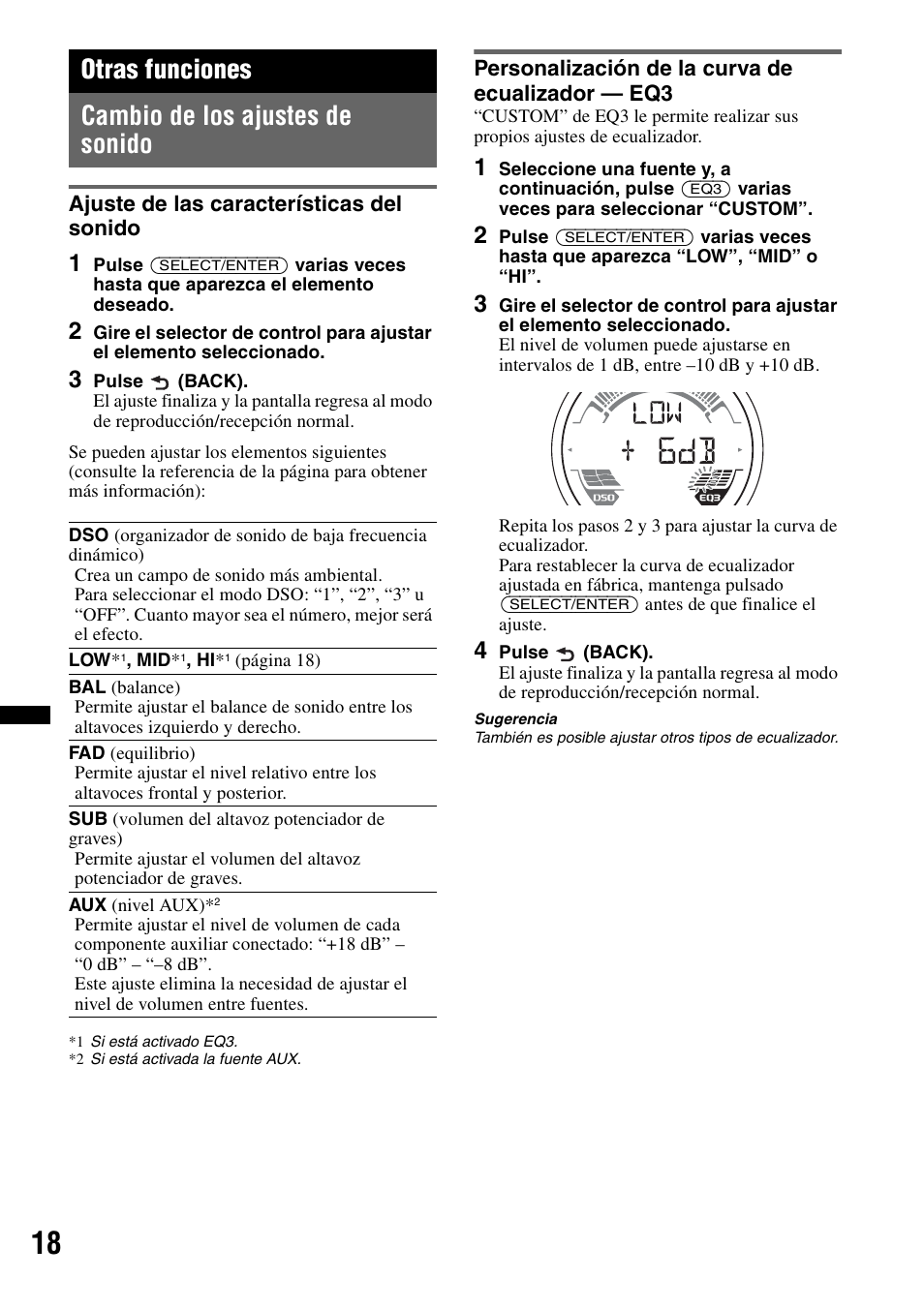 Otras funciones, Cambio de los ajustes de sonido, Ajuste de las características del sonido | Personalización de la curva de ecualizador - eq3, Otras funciones cambio de los ajustes de sonido | Sony CDX-H910UI User Manual | Page 68 / 132
