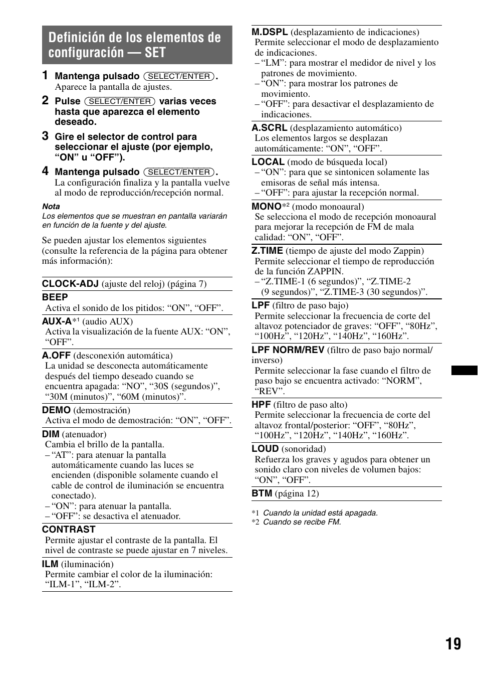 Definición de los elementos de configuración - set, Definición de los elementos de configuración — set | Sony CDX-H910UI User Manual | Page 69 / 132