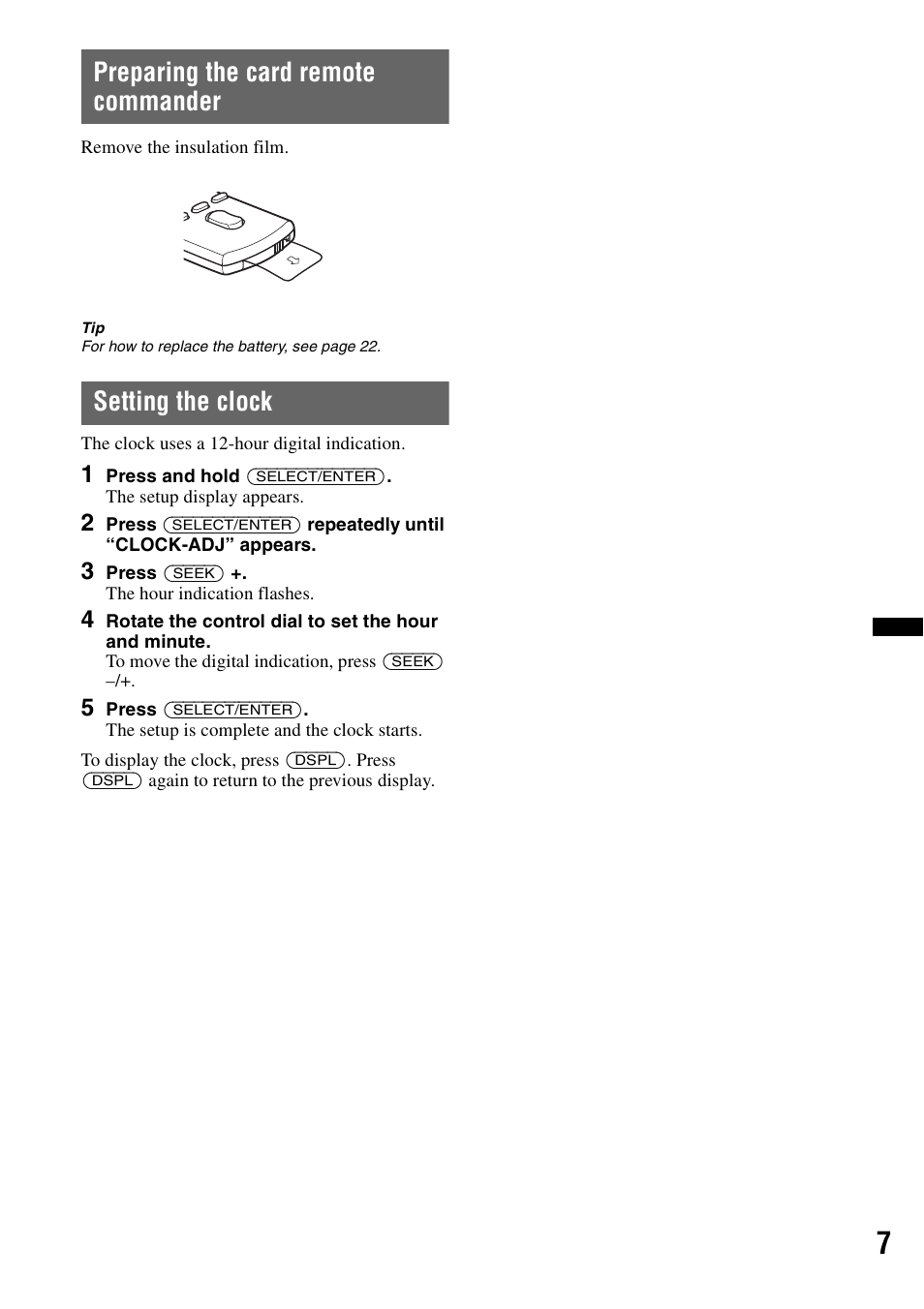 Preparing the card remote commander, Setting the clock | Sony CDX-H910UI User Manual | Page 7 / 132