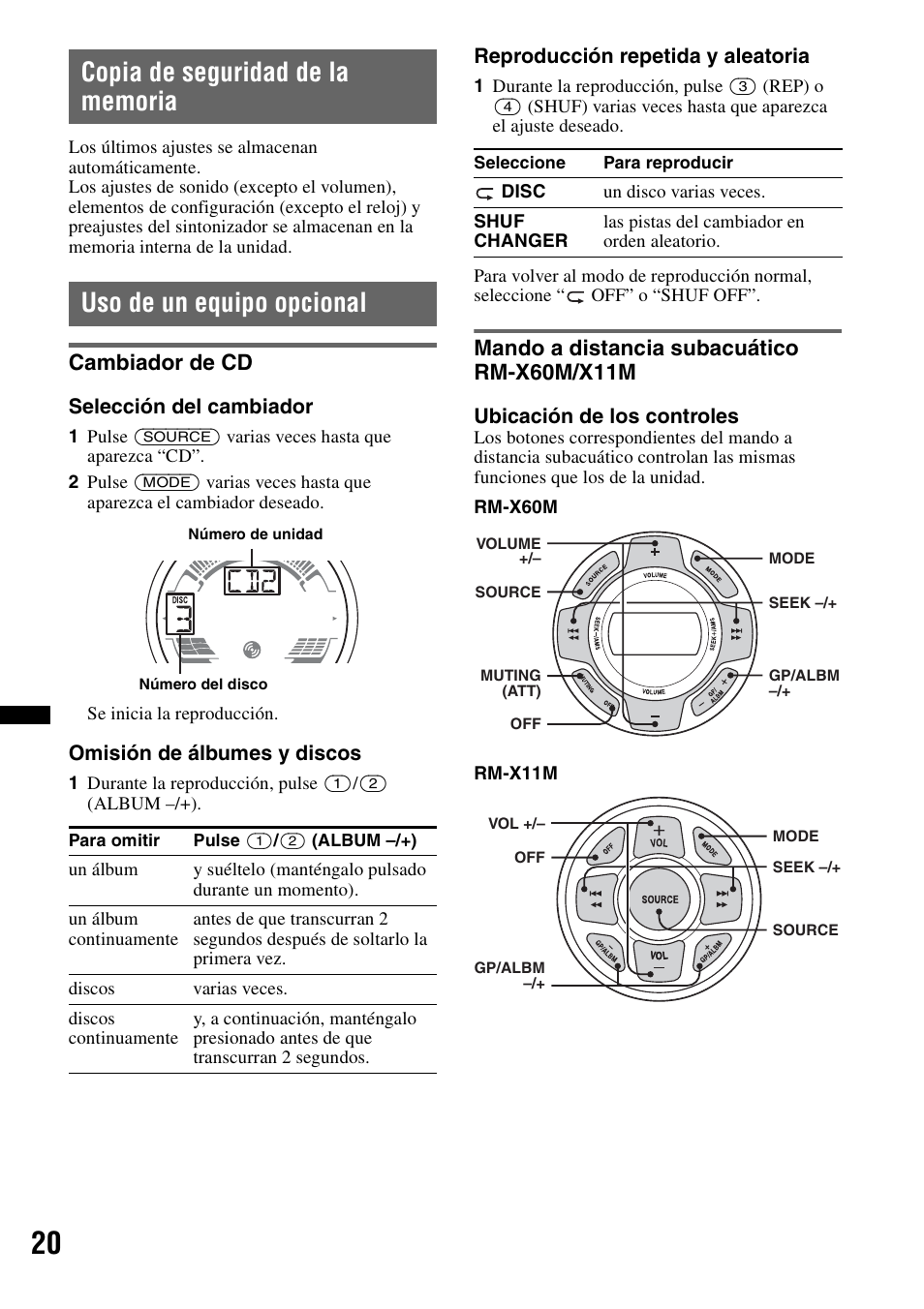 Copia de seguridad de la memoria, Uso de un equipo opcional, Cambiador de cd | Mando a distancia subacuático rm-x60m/x11m | Sony CDX-H910UI User Manual | Page 70 / 132