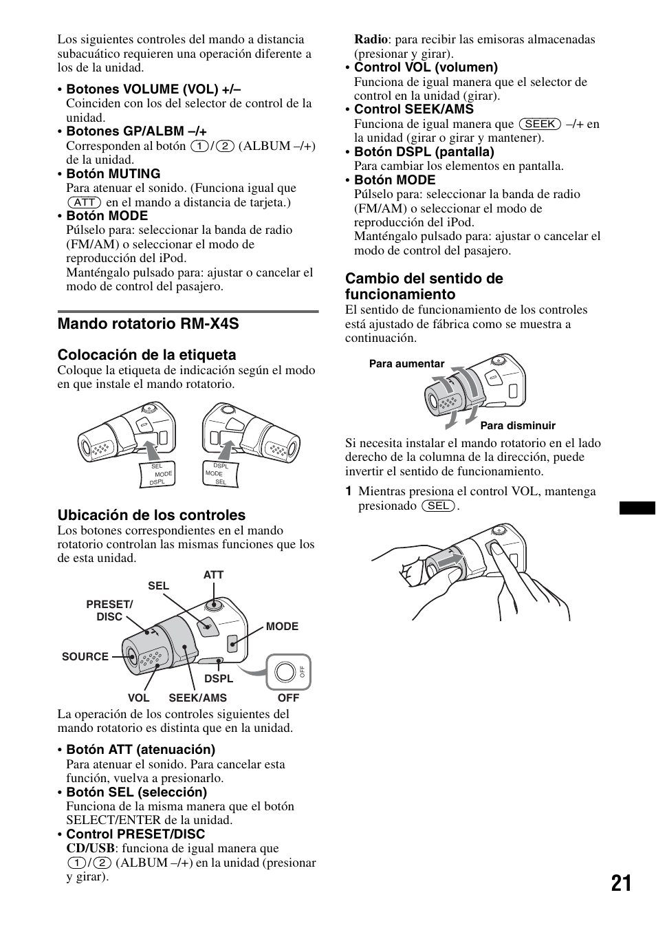 Mando rotatorio rm-x4s, Colocación de la etiqueta, Ubicación de los controles | Cambio del sentido de funcionamiento | Sony CDX-H910UI User Manual | Page 71 / 132