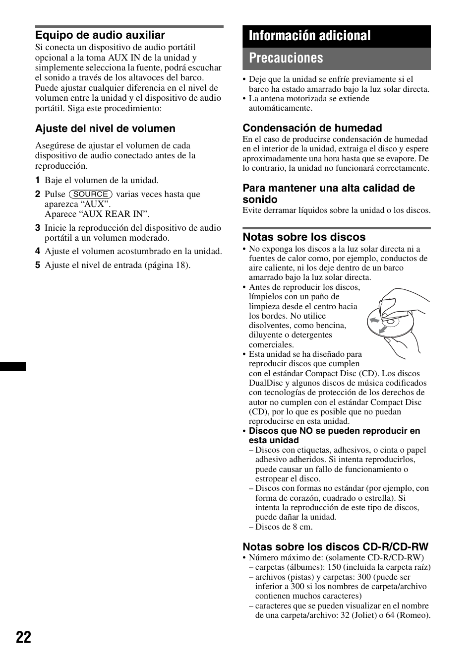 Equipo de audio auxiliar, Información adicional, Precauciones | Notas sobre los discos, Información adicional precauciones | Sony CDX-H910UI User Manual | Page 72 / 132