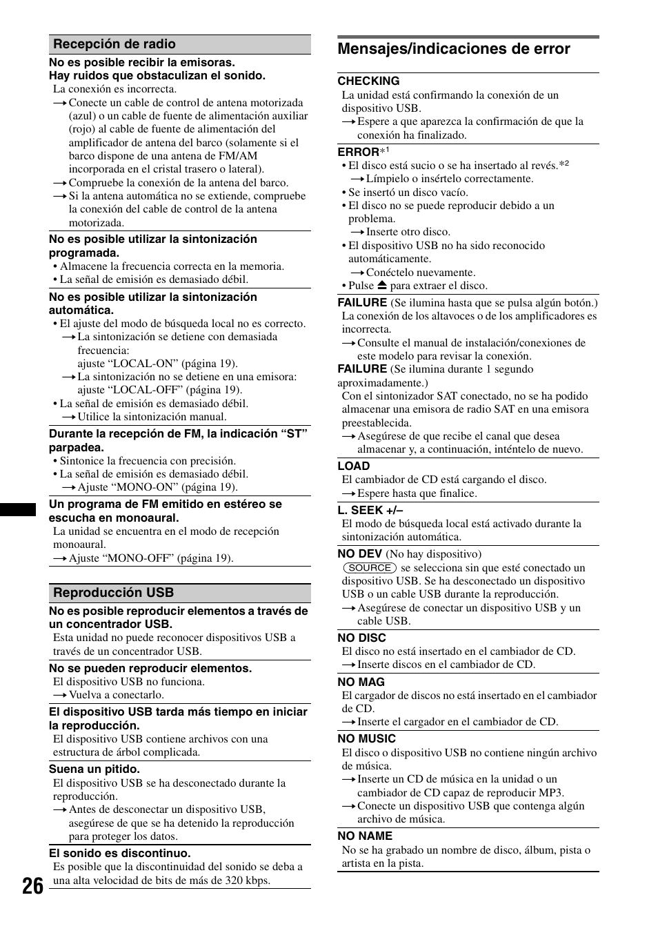 Mensajes/indicaciones de error | Sony CDX-H910UI User Manual | Page 76 / 132