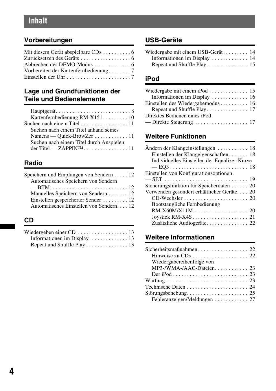 Inhalt | Sony CDX-H910UI User Manual | Page 80 / 132