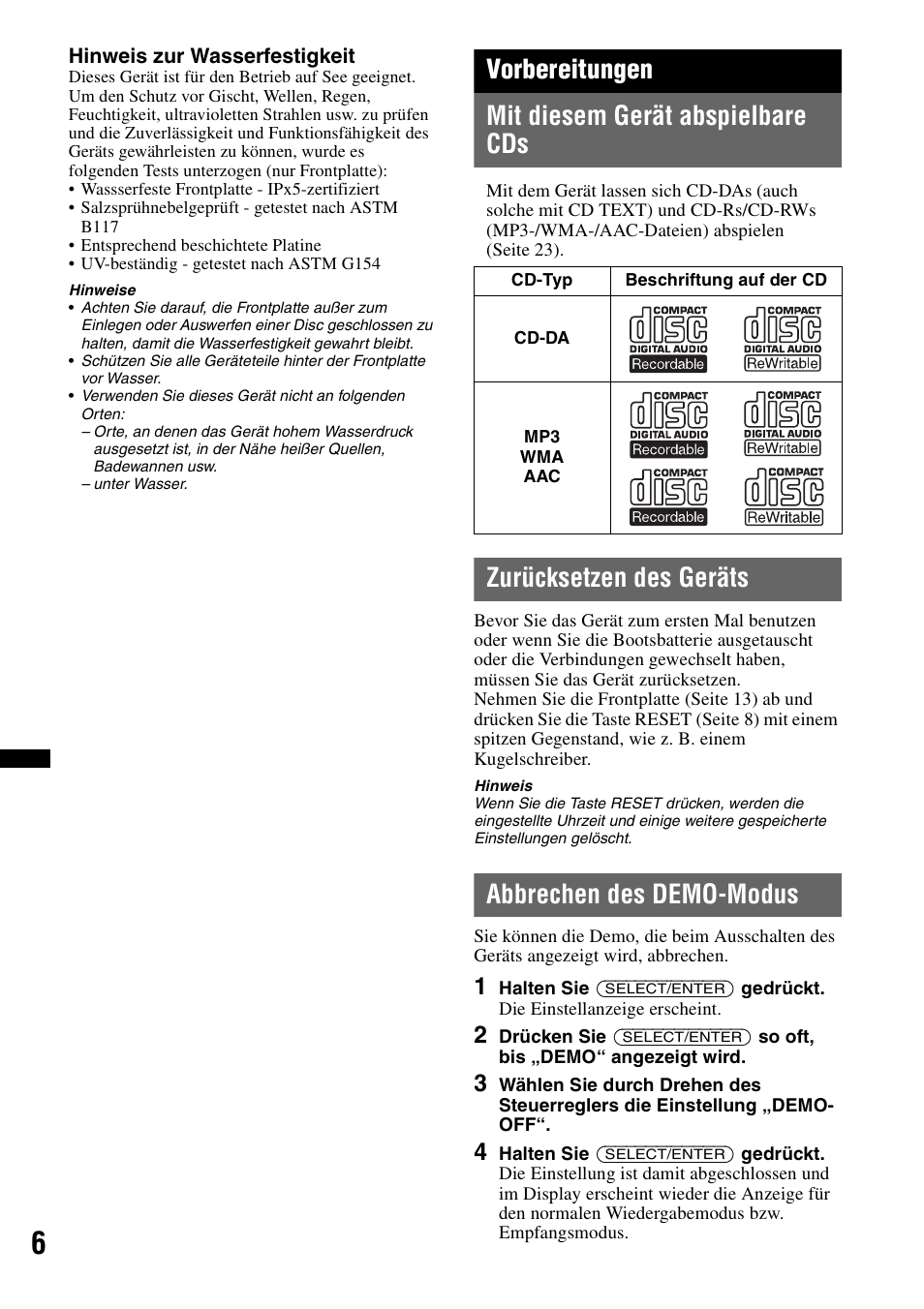 Vorbereitungen, Mit diesem gerät abspielbare cds, Zurücksetzen des geräts | Abbrechen des demo-modus, Seite 6 nac, Vorbereitungen mit diesem gerät abspielbare cds | Sony CDX-H910UI User Manual | Page 82 / 132
