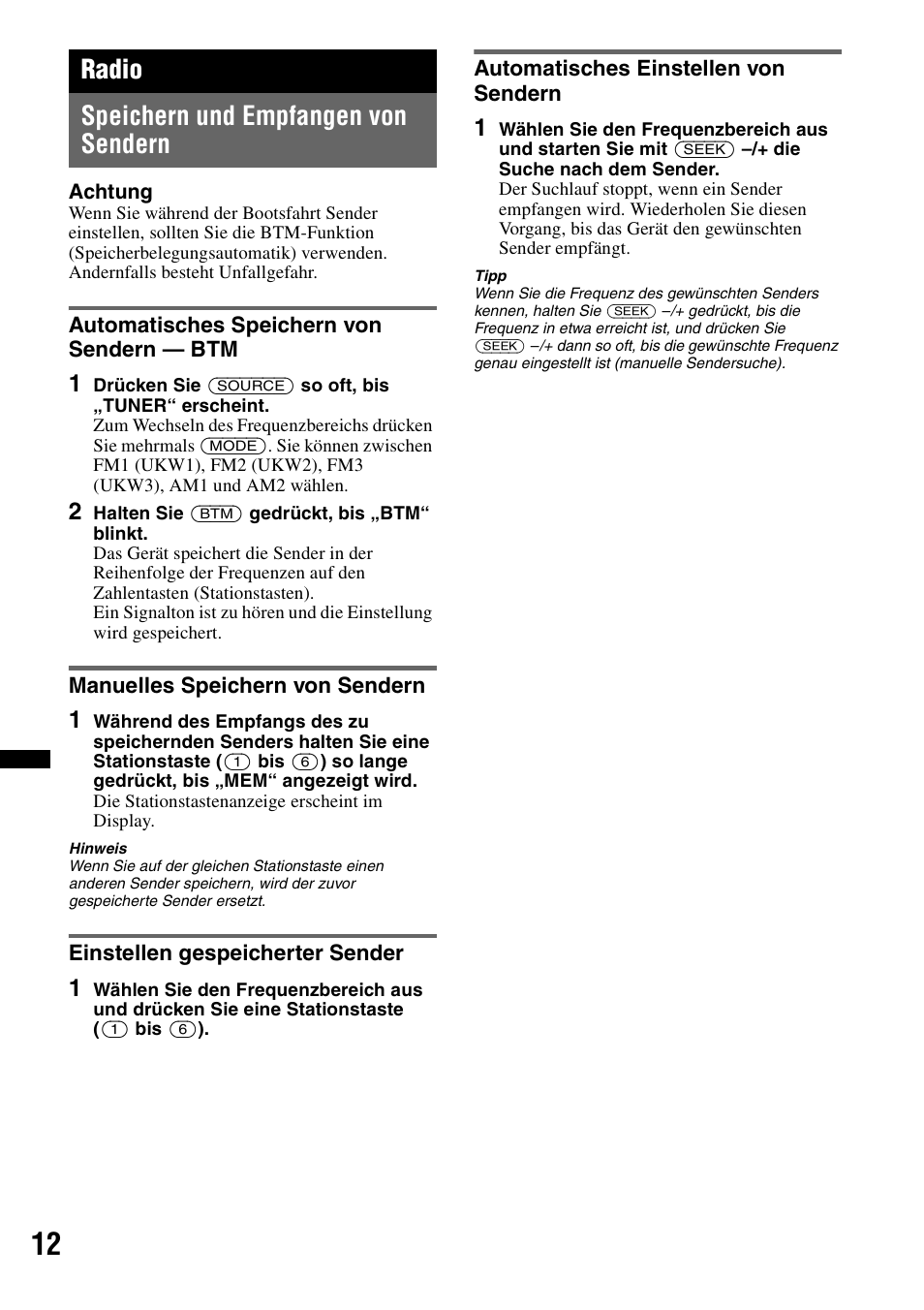 Radio, Speichern und empfangen von sendern, Automatisches speichern von sendern - btm | Manuelles speichern von sendern, Einstellen gespeicherter sender, Automatisches einstellen von sendern, Seite 12, Radio speichern und empfangen von sendern | Sony CDX-H910UI User Manual | Page 88 / 132