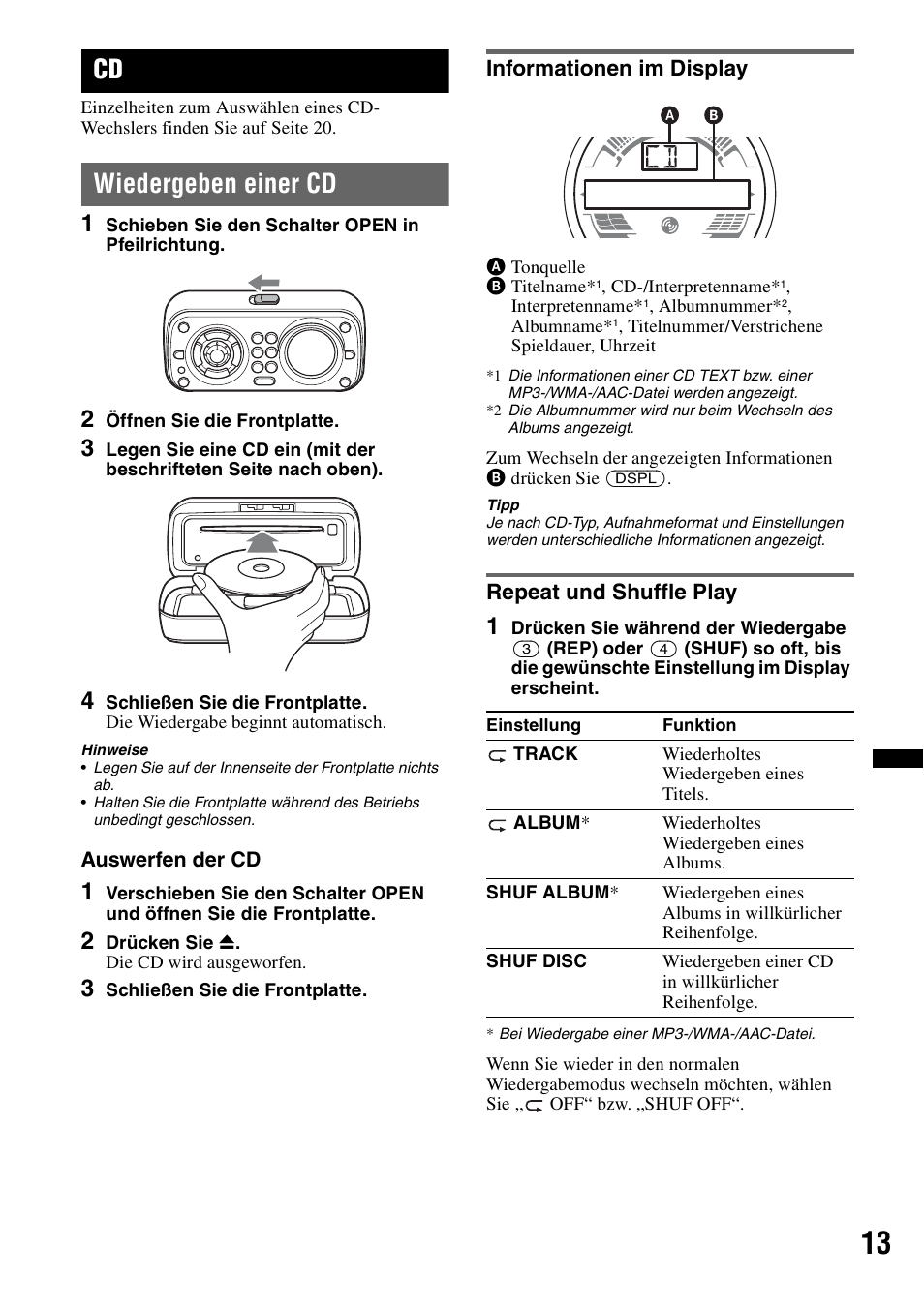 Wiedergeben einer cd, Informationen im display, Repeat und shuffle play | Informationen im display repeat und shuffle play, Ep seite 13, Seite 13, Schub seite 13 | Sony CDX-H910UI User Manual | Page 89 / 132