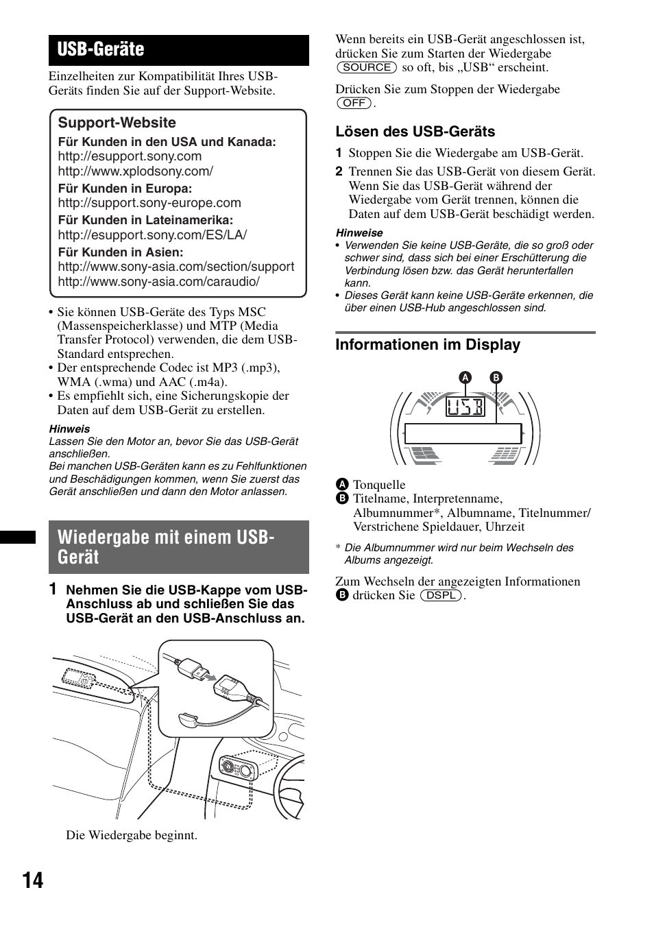 Usb-geräte, Wiedergabe mit einem usb- gerät, Informationen im display | Wiedergabe mit einem usb-gerät | Sony CDX-H910UI User Manual | Page 90 / 132