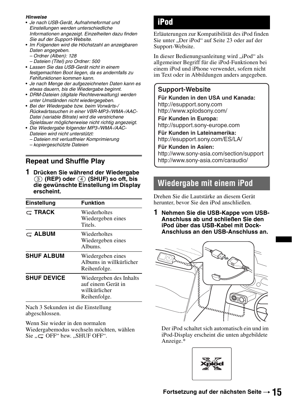 Repeat und shuffle play, Ipod, Wiedergabe mit einem ipod | Sony CDX-H910UI User Manual | Page 91 / 132