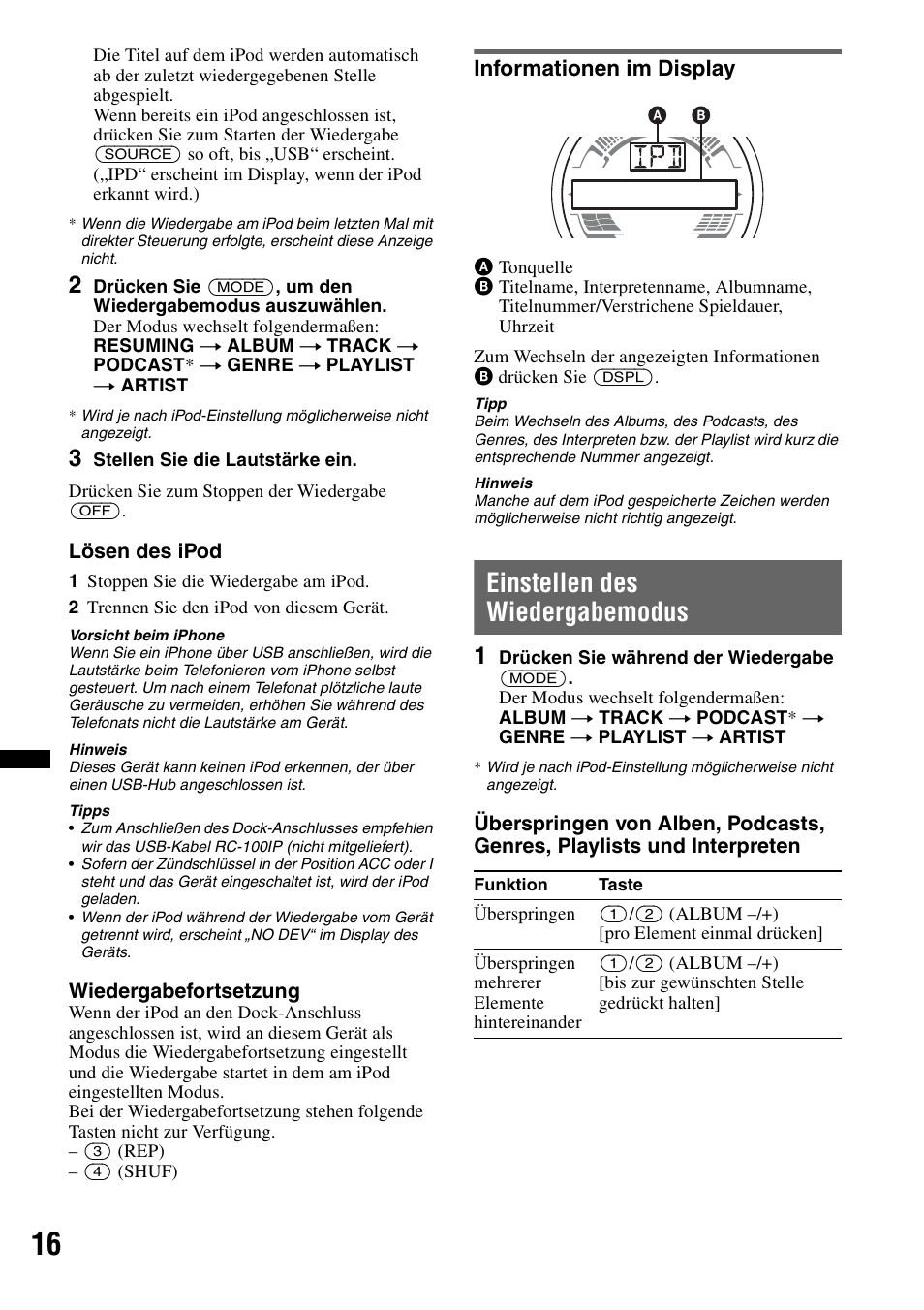 Informationen im display, Einstellen des wiedergabemodus | Sony CDX-H910UI User Manual | Page 92 / 132