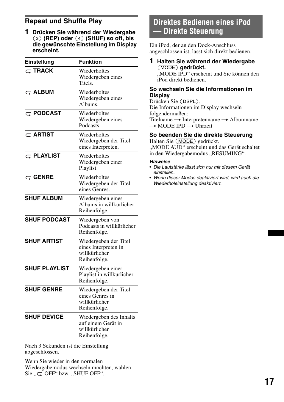 Repeat und shuffle play, Direktes bedienen eines ipod - direkte steuerung, Direktes bedienen eines ipod — direkte steuerung | Sony CDX-H910UI User Manual | Page 93 / 132