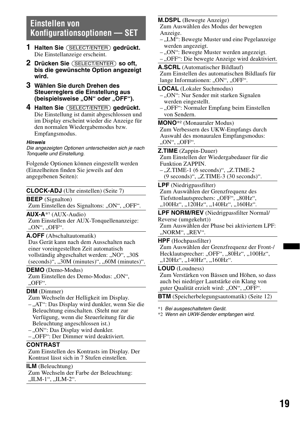 Einstellen von konfigurationsoptionen - set, Einstellen von konfigurationsoptionen — set | Sony CDX-H910UI User Manual | Page 95 / 132