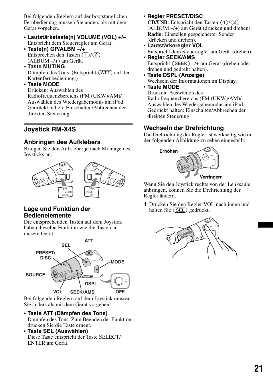 Joystick rm-x4s, Anbringen des aufklebers, Lage und funktion der bedienelemente | Wechseln der drehrichtung | Sony CDX-H910UI User Manual | Page 97 / 132