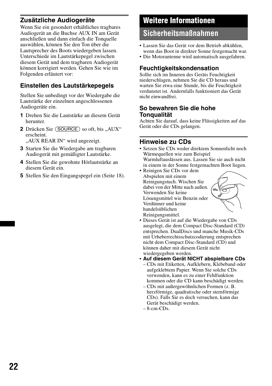 Zusätzliche audiogeräte, Weitere informationen, Sicherheitsmaßnahmen | Hinweise zu cds, Weitere informationen sicherheitsmaßnahmen | Sony CDX-H910UI User Manual | Page 98 / 132