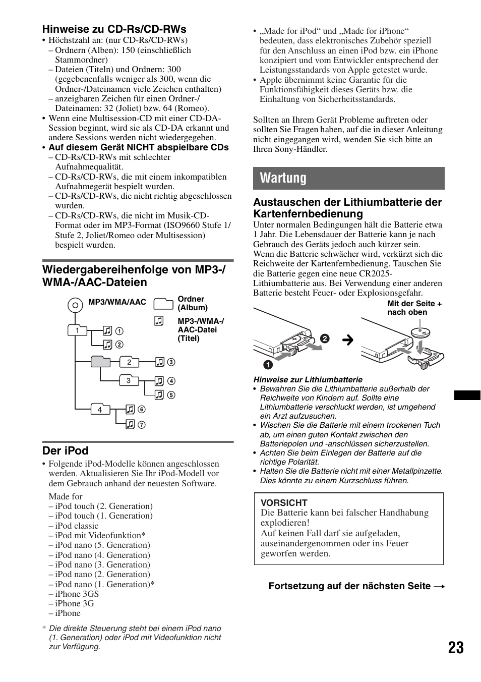 Wiedergabereihenfolge von mp3-/ wma-/aac-dateien, Der ipod, Wartung | Sony CDX-H910UI User Manual | Page 99 / 132