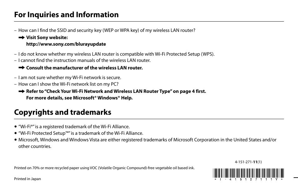 For inquiries and information, Copyrights and trademarks | Sony BDP-S1000ES User Manual | Page 16 / 16