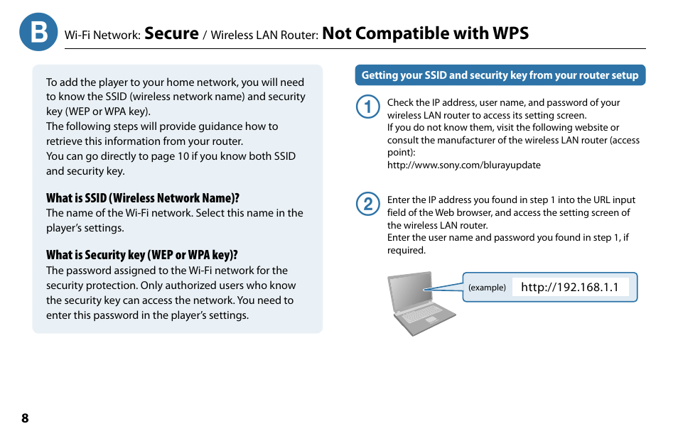 Secure, Not compatible with wps | Sony BDP-S1000ES User Manual | Page 8 / 16