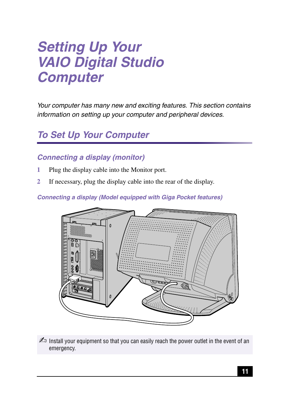 Setting up your vaio digital studio computer, To set up your computer, Connecting a display (monitor) | Sony PCV-RX590G User Manual | Page 11 / 28