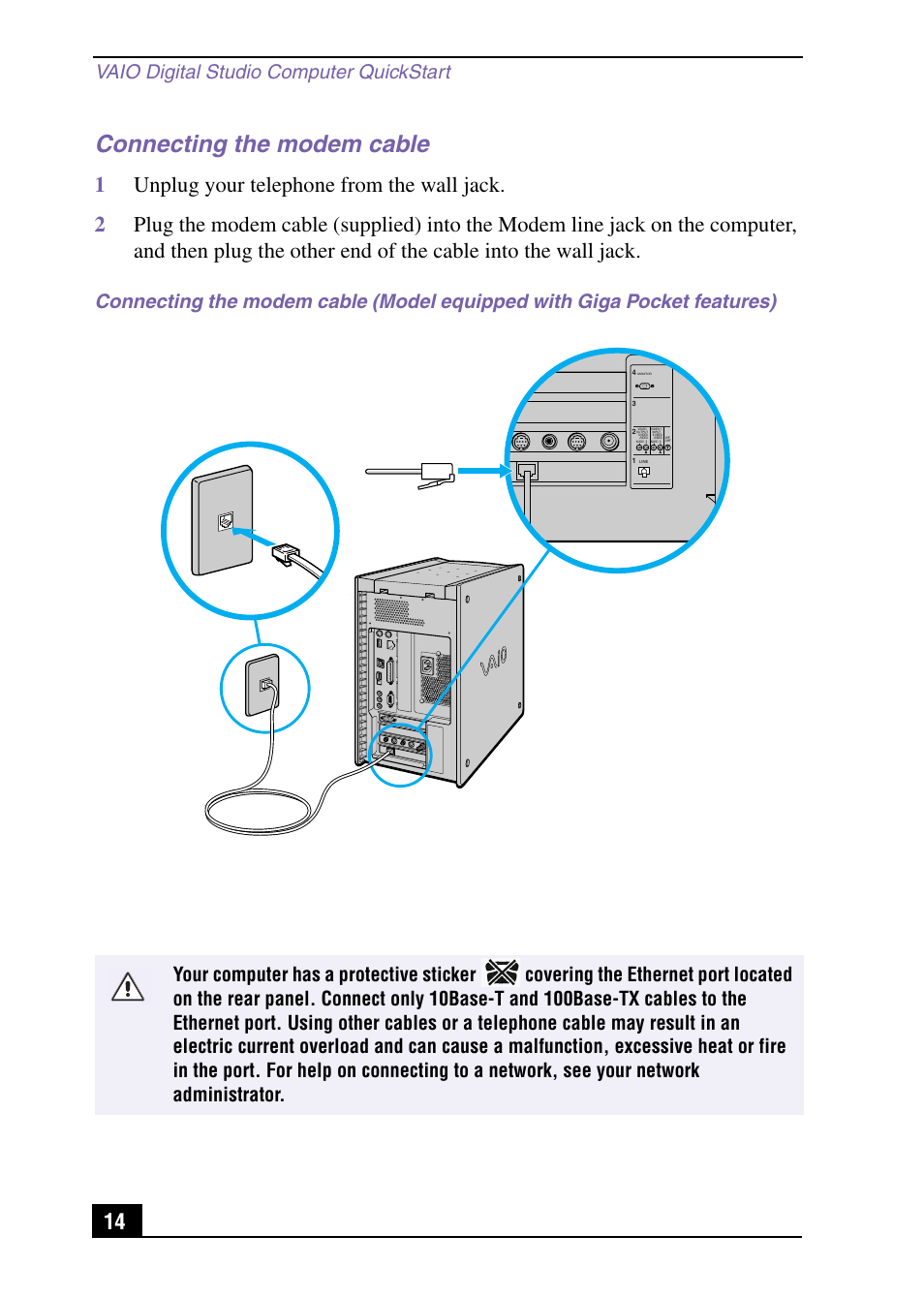 Connecting the modem cable, Vaio digital studio computer quickstart | Sony PCV-RX590G User Manual | Page 14 / 28