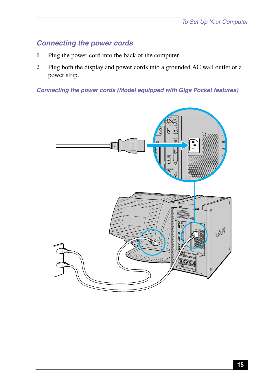 Connecting the power cords | Sony PCV-RX590G User Manual | Page 15 / 28