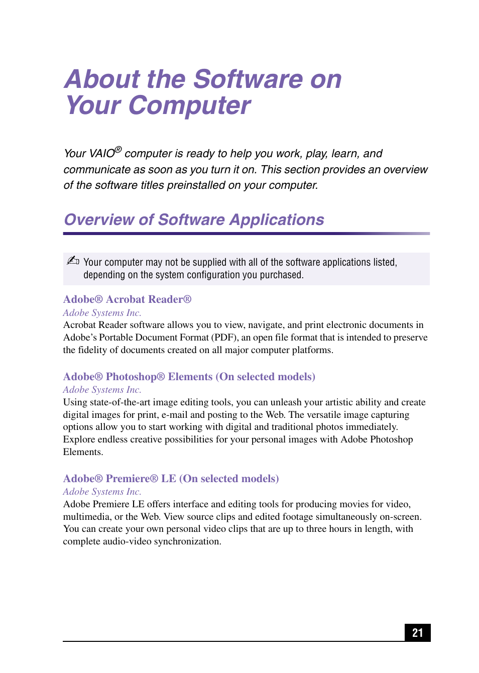 About the software on your computer, Overview of software applications | Sony PCV-RX590G User Manual | Page 21 / 28