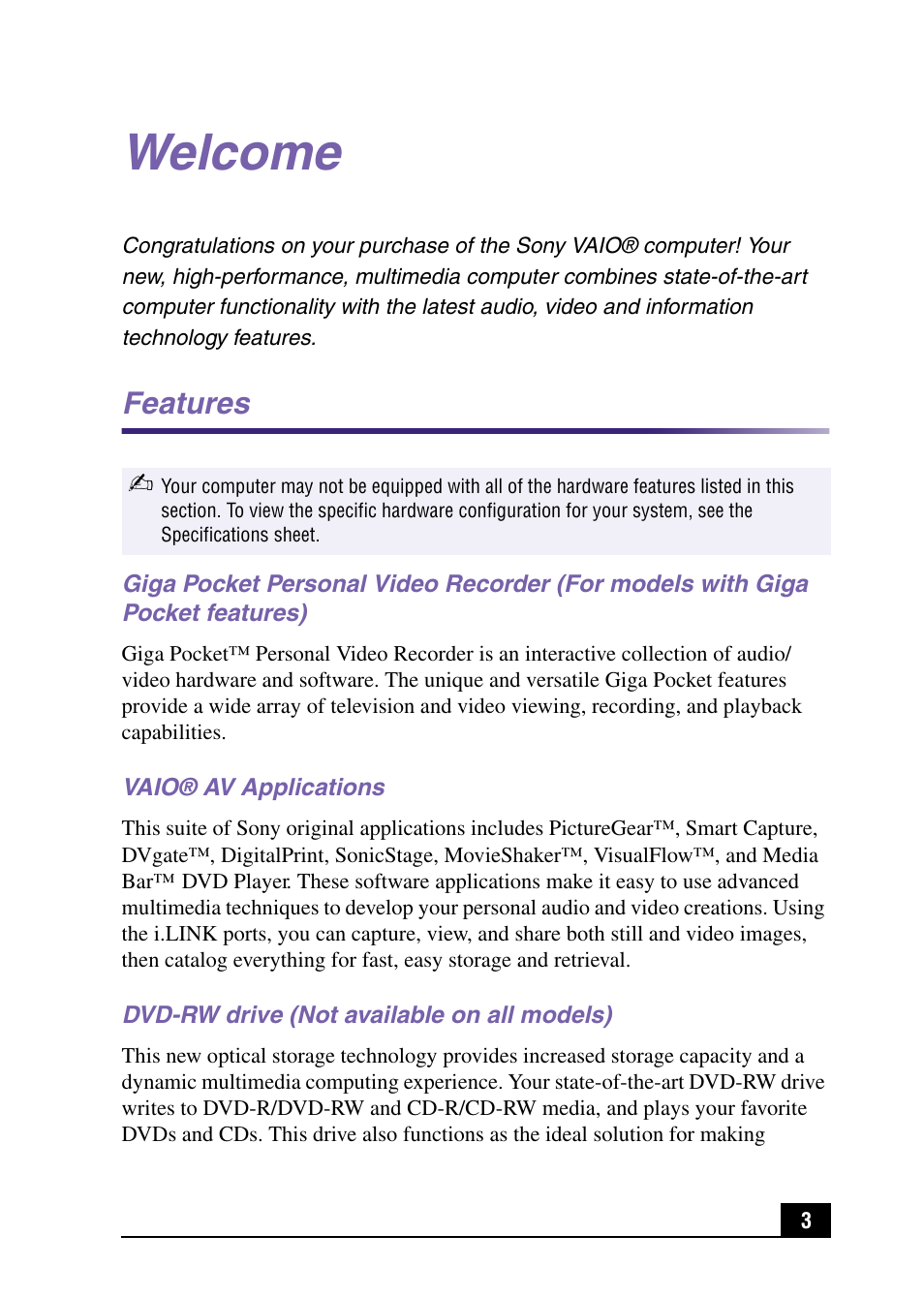 Welcome, Features, Vaio® av applications | Dvd-rw drive (not available on all models) | Sony PCV-RX590G User Manual | Page 3 / 28