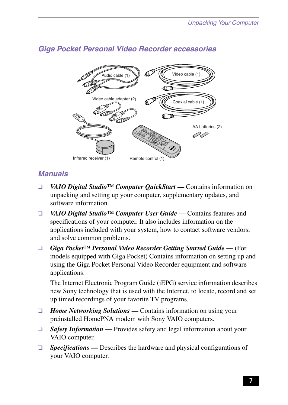 Giga pocket personal video recorder accessories, Manuals | Sony PCV-RX590G User Manual | Page 7 / 28