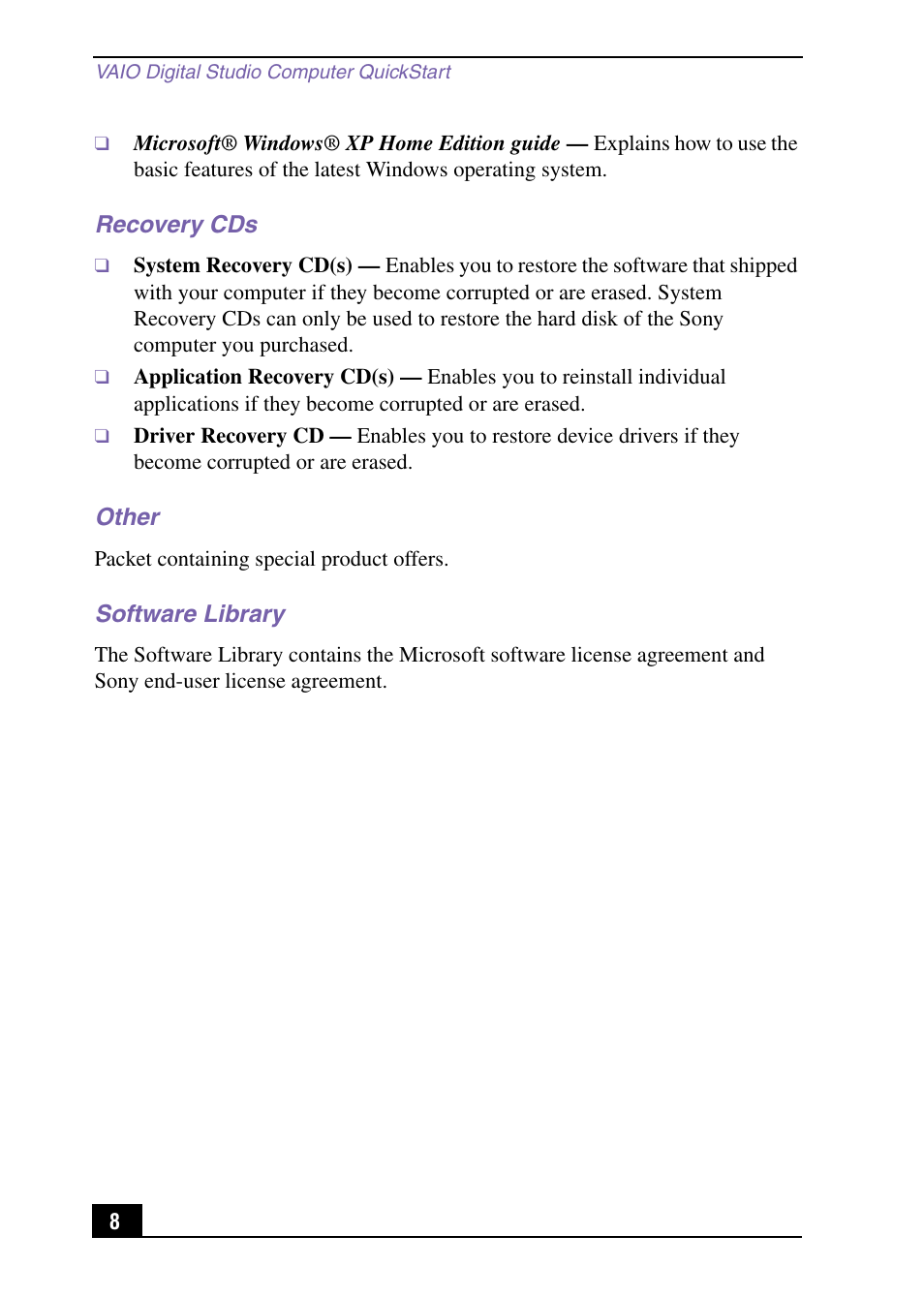 Recovery cds, Other, Software library | Sony PCV-RX590G User Manual | Page 8 / 28