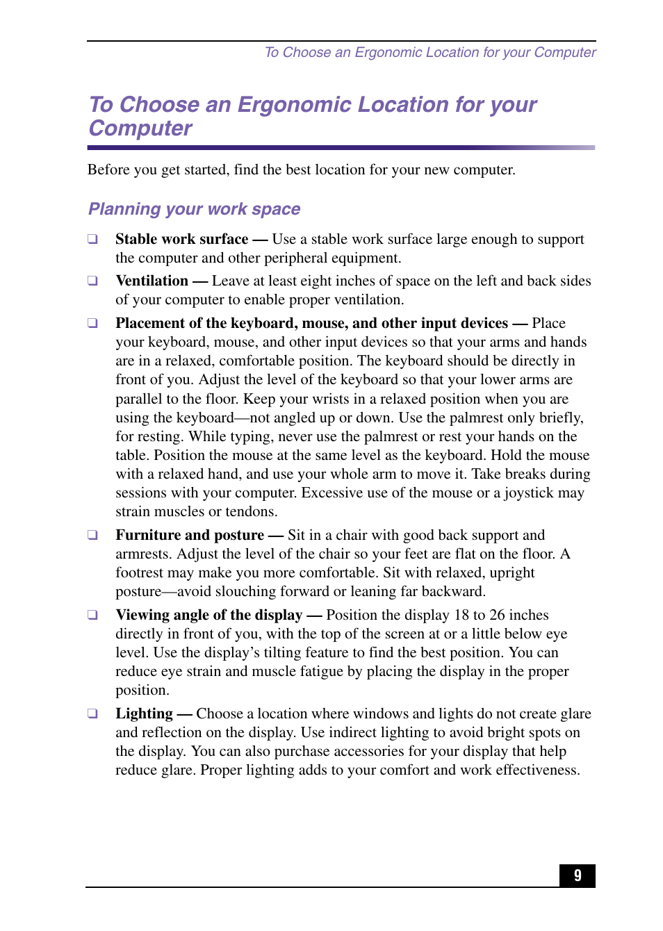 To choose an ergonomic location for your computer, Planning your work space | Sony PCV-RX590G User Manual | Page 9 / 28