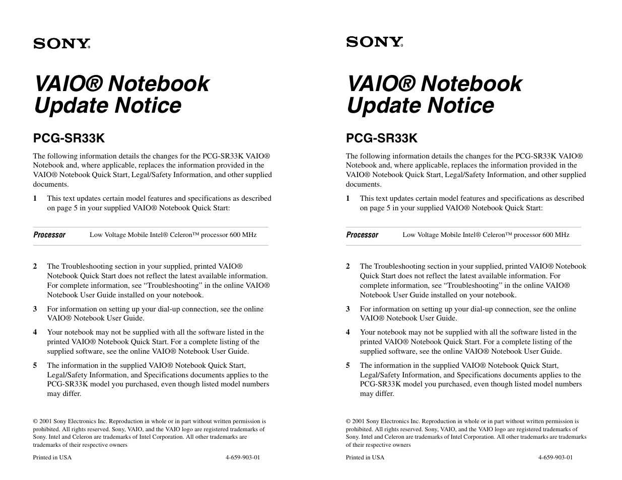 Sony PCG-SR33K User Manual | 1 page