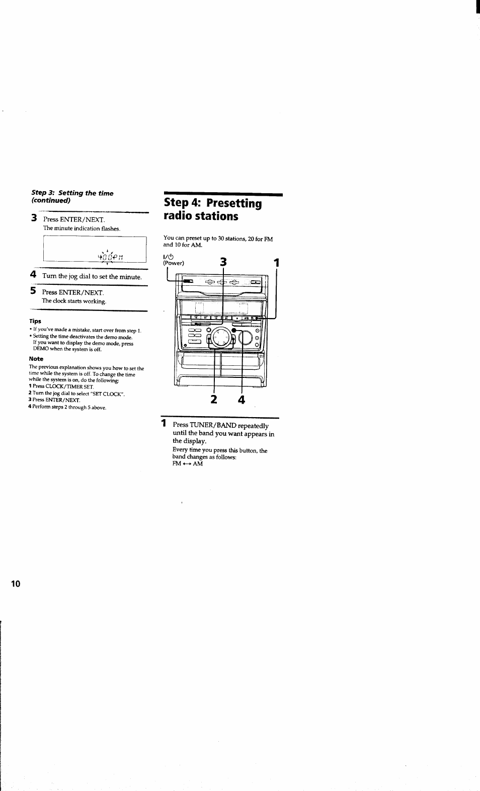 Step 3: setting the time (continued), 3 press enter/next, Step 4: presetting radio stations | 4 turn the jog dial to set the minute, 5 press enter/next, Tips, Note | Sony MHC-RXD6AV User Manual | Page 10 / 44