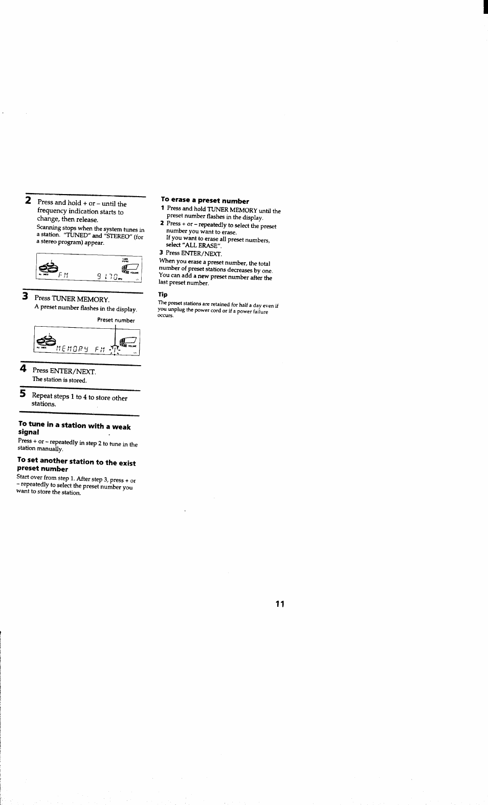 To erase a preset number, 4 press enter/next, 5 repeat steps 1 to 4 to store other stations | To tune in a station with a weak signal, To set another station to the exist preset number | Sony MHC-RXD6AV User Manual | Page 11 / 44