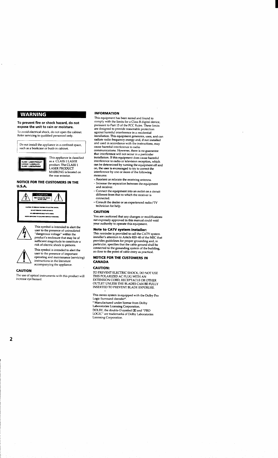 Notice for the customers in the u.s.a, Caution, Information | Note to catv system installer, Notice for the customers in canada, Warning | Sony MHC-RXD6AV User Manual | Page 2 / 44