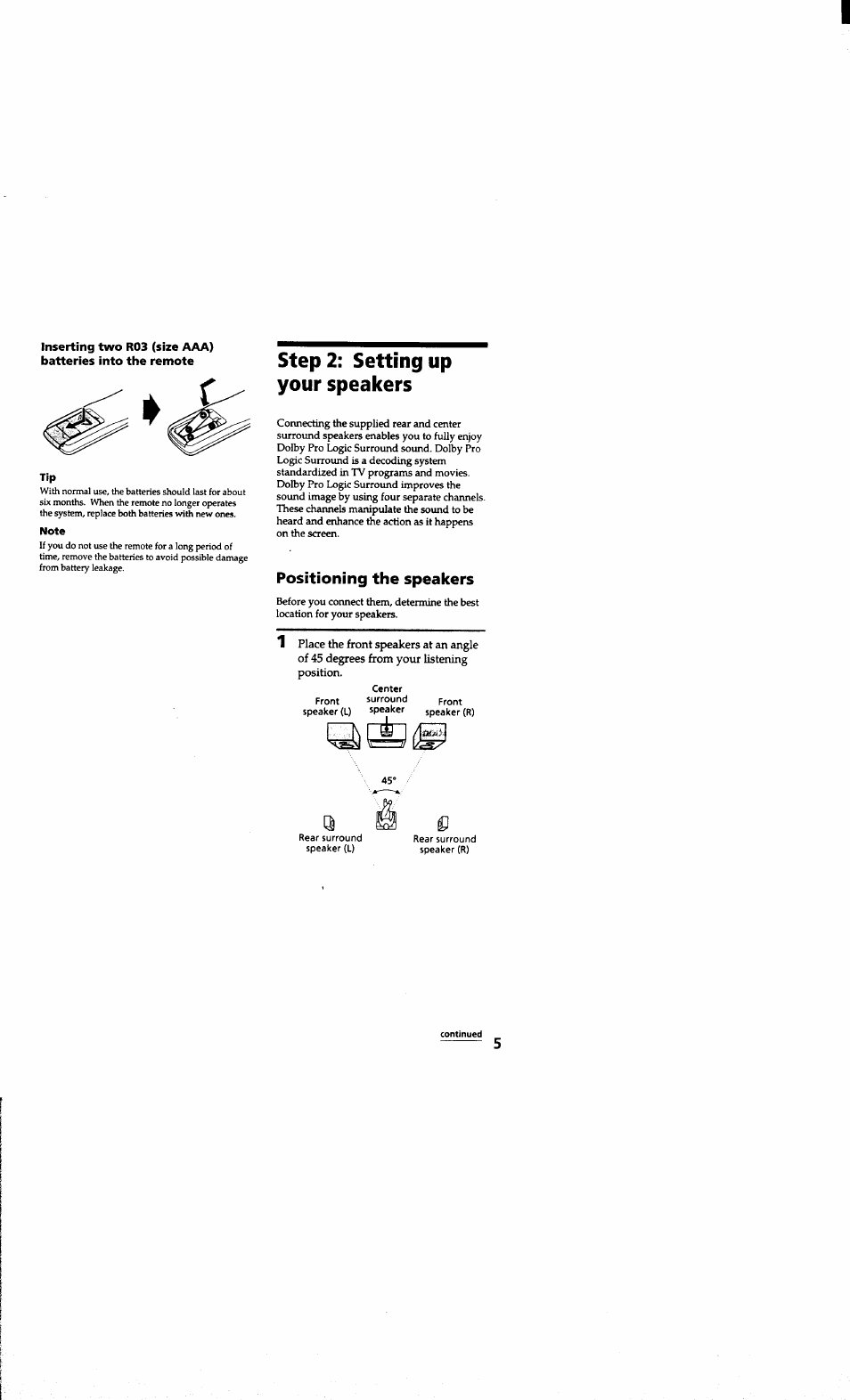 Step 2: setting up your speakers, Step, Setting up your speakers | Positioning the speakers | Sony MHC-RXD6AV User Manual | Page 5 / 44