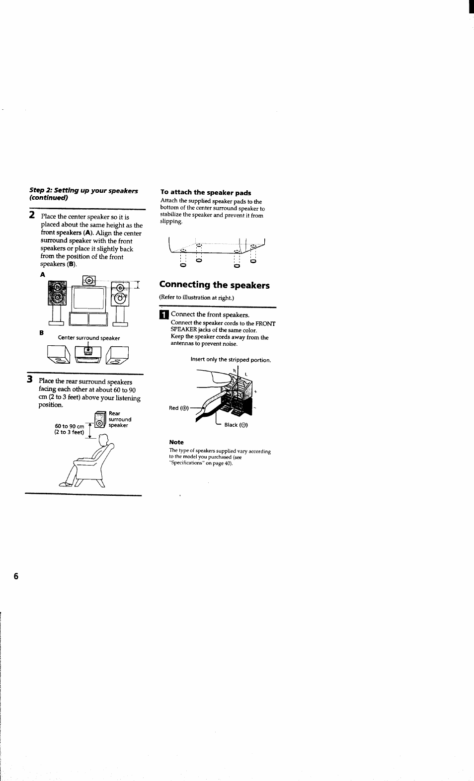Step 2; setting up your speakers (continued), To attach the speaker pads, Connecting the speakers | Sony MHC-RXD6AV User Manual | Page 6 / 44