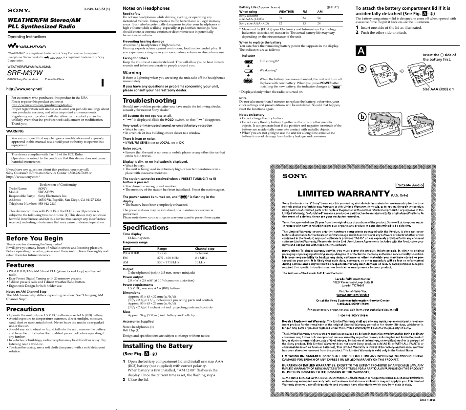 Sony SRF-M37W User Manual | 2 pages