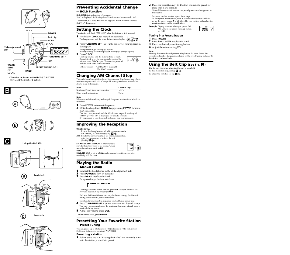 Preventing accidental change, Setting the clock, Changing am channel step | Improving the reception, Playing the radio, Presetting your favorite station, Using the belt clip | Sony SRF-M37W User Manual | Page 2 / 2