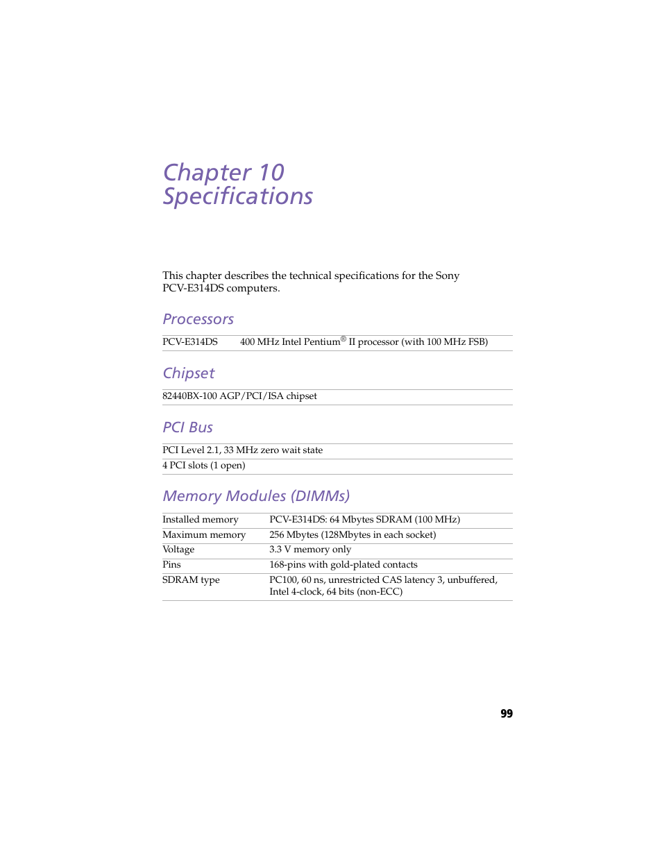 Specifications, Processors, Chipset | Pci bus, Memory modules (dimms), Chapter 10 — specifications, Processors chipset pci bus memory modules (dimms), Chapter 10 specifications | Sony PCV-E314DS User Manual | Page 107 / 114