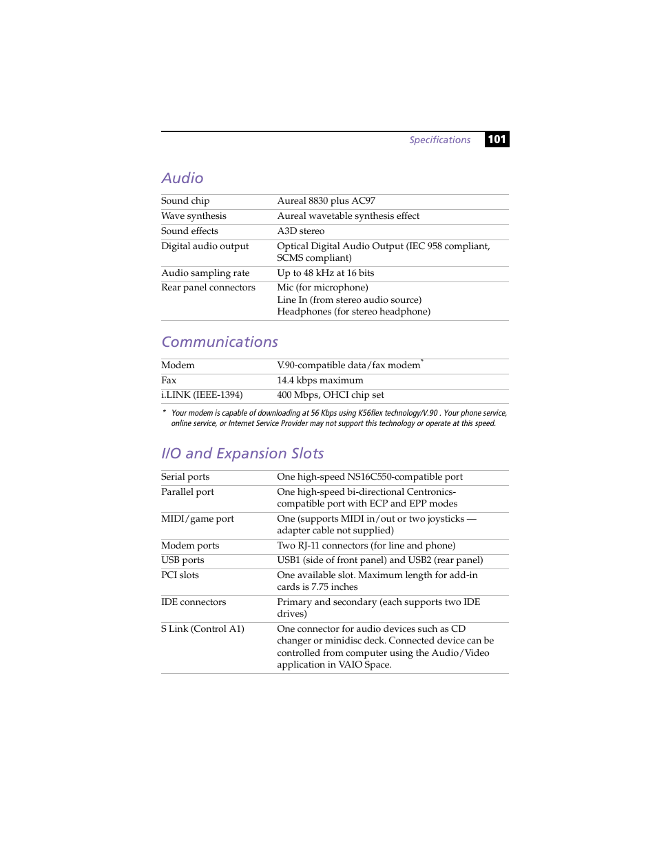 Audio, Communications, I/o and expansion slots | Audio communications i/o and expansion slots | Sony PCV-E314DS User Manual | Page 109 / 114