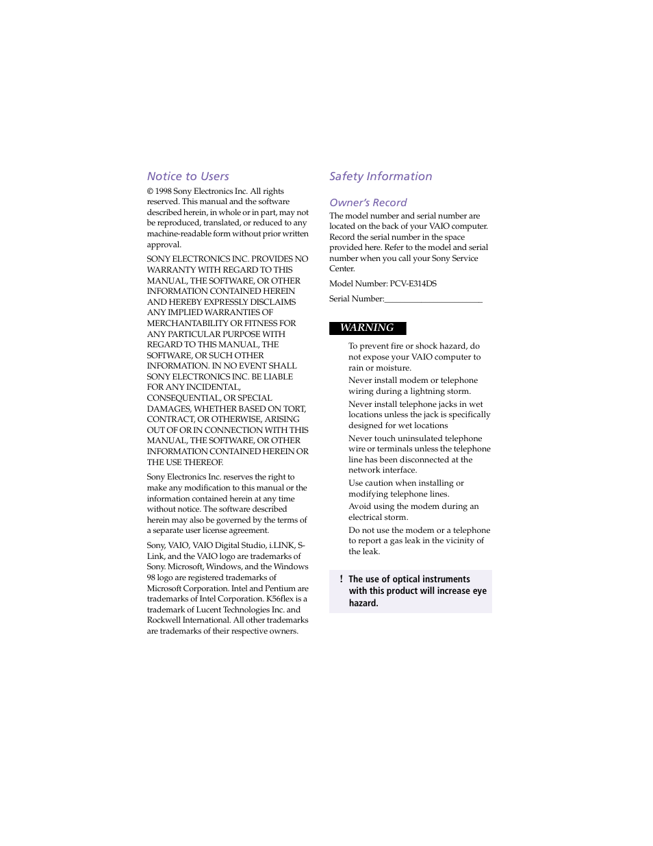 Notice to users, Safety information, Owner’s record | Sony PCV-E314DS User Manual | Page 2 / 114