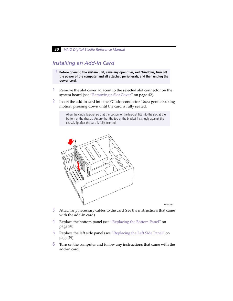 Installing an add-in card | Sony PCV-E314DS User Manual | Page 38 / 114