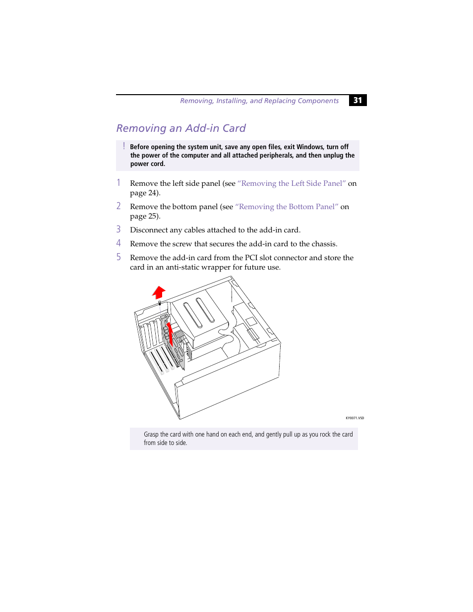 Removing an add-in card | Sony PCV-E314DS User Manual | Page 39 / 114
