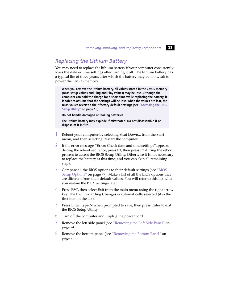 Replacing the lithium battery | Sony PCV-E314DS User Manual | Page 41 / 114