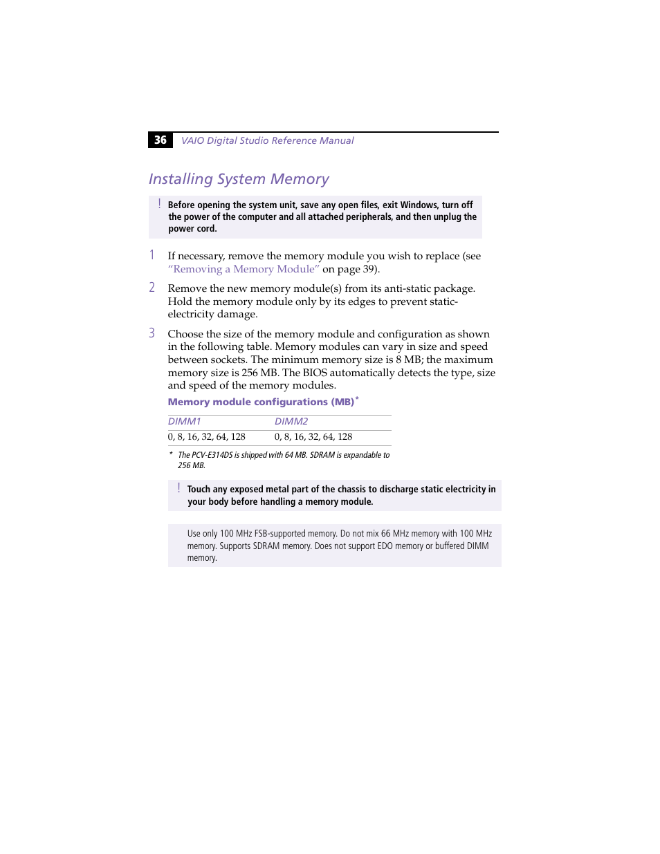 Installing system memory | Sony PCV-E314DS User Manual | Page 44 / 114