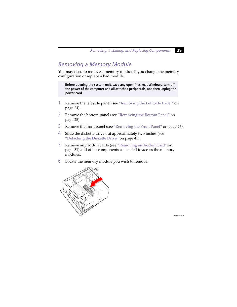 Removing a memory module | Sony PCV-E314DS User Manual | Page 47 / 114