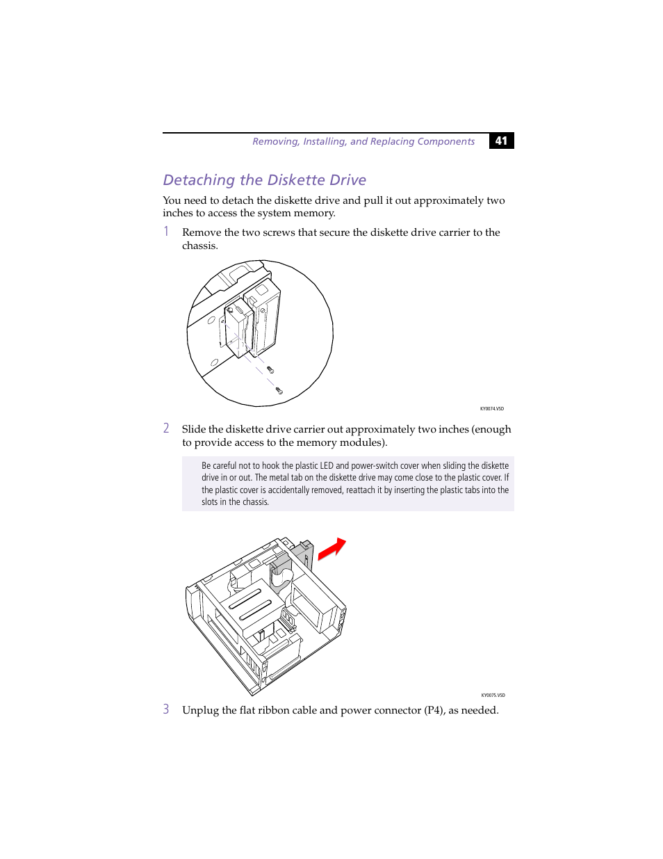 Detaching the diskette drive | Sony PCV-E314DS User Manual | Page 49 / 114