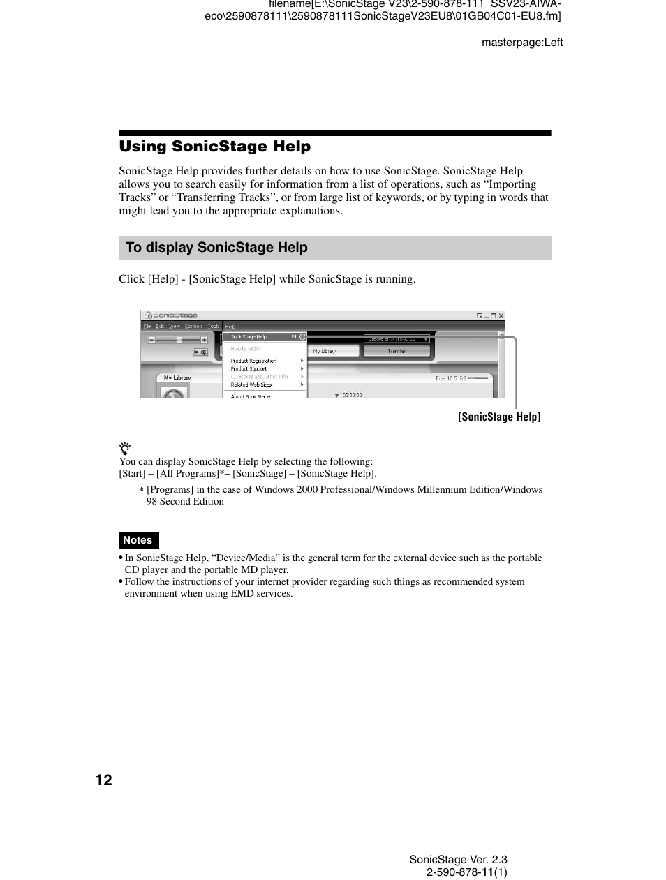 Using sonicstage help, To display sonicstage help | Sony VGF-AP1L User Manual | Page 12 / 20