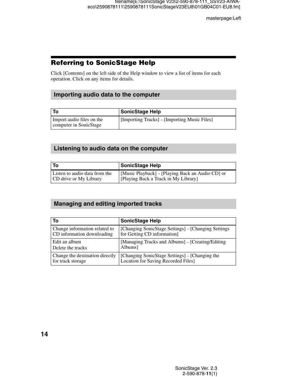 Referring to sonicstage help, Importing audio data to the computer, Listening to audio data on the computer | Managing and editing imported tracks | Sony VGF-AP1L User Manual | Page 14 / 20